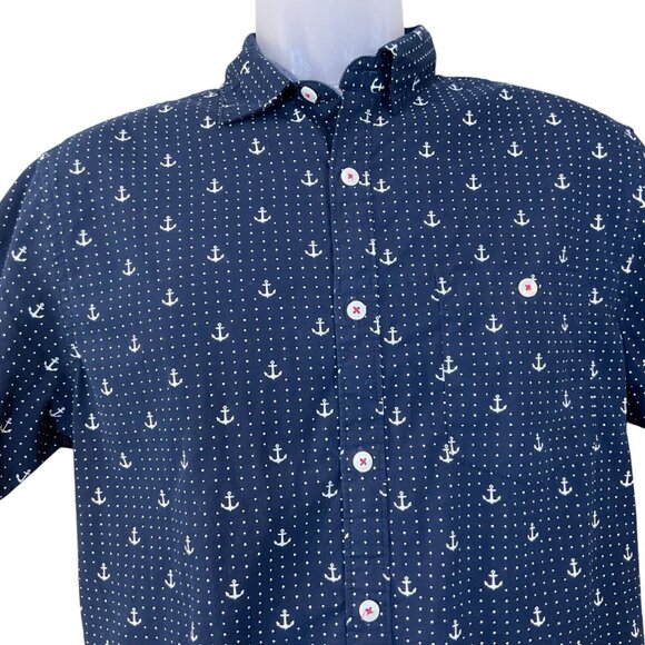 Denim & Flower Ricky Singh Slim Fit Anchor Print SS Button Front Shirt Med - Picture 1 of 8